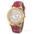 Vein Leather Strap Rhinestone Quartz Watch